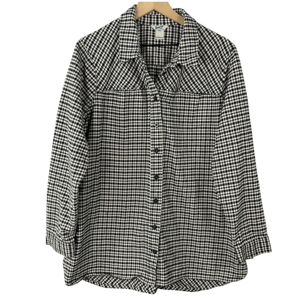 Duluth Trading Co Womens XXL Houndstooth Flannel Shirt Black White High-Low Hem
